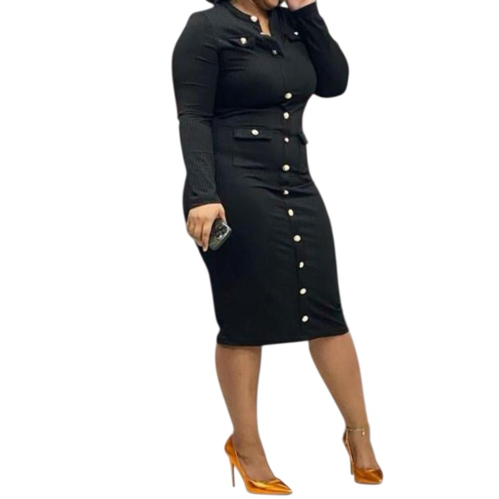 Black Button Down Midi Dress with Gold Button Long Sleeve Work to Evening Dress